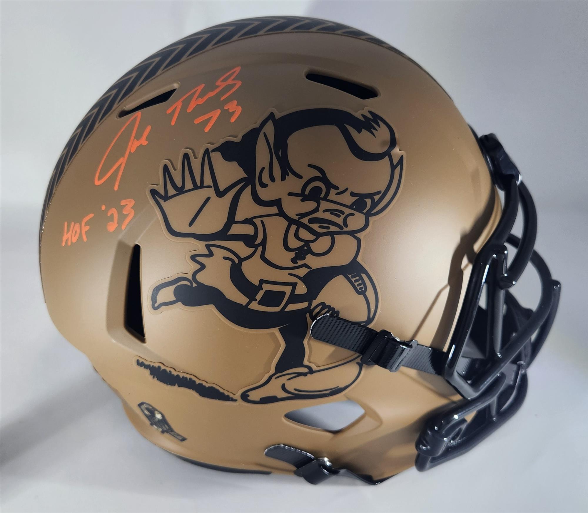 JOE THOMAS SIGNED FULL SIZE REPLICA 2023 SALUTE TO SERVICE SPEED BROWNS HELMET W/ HOF '23 - JSA