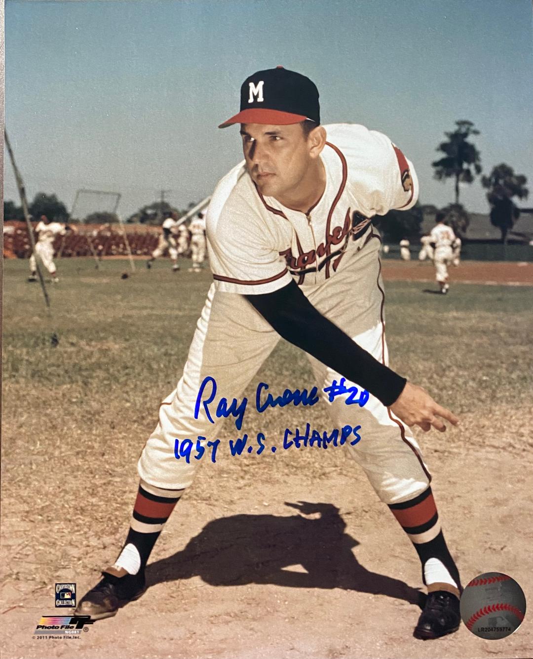 RAY CRONE SIGNED MILW. BRAVES 8X10 PHOTO #1 W/ 1957 WS CHAMPS