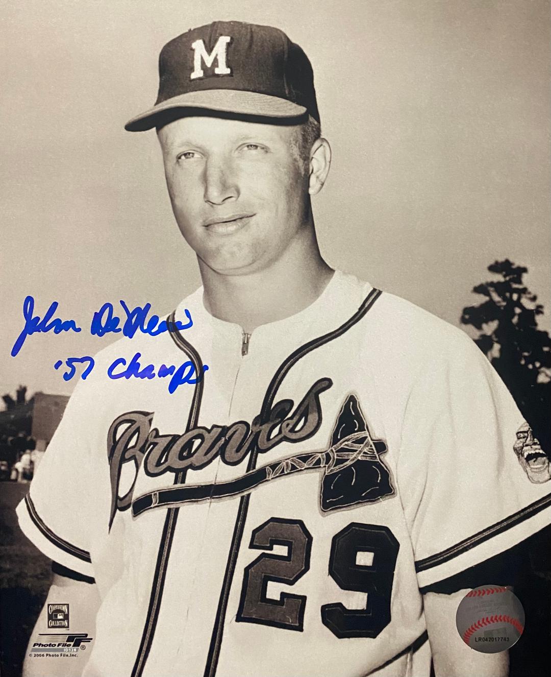 JOHN DeMERIT SIGNED 8X10 MILW BRAVES PHOTO #4 W/ '57 CHAMPS