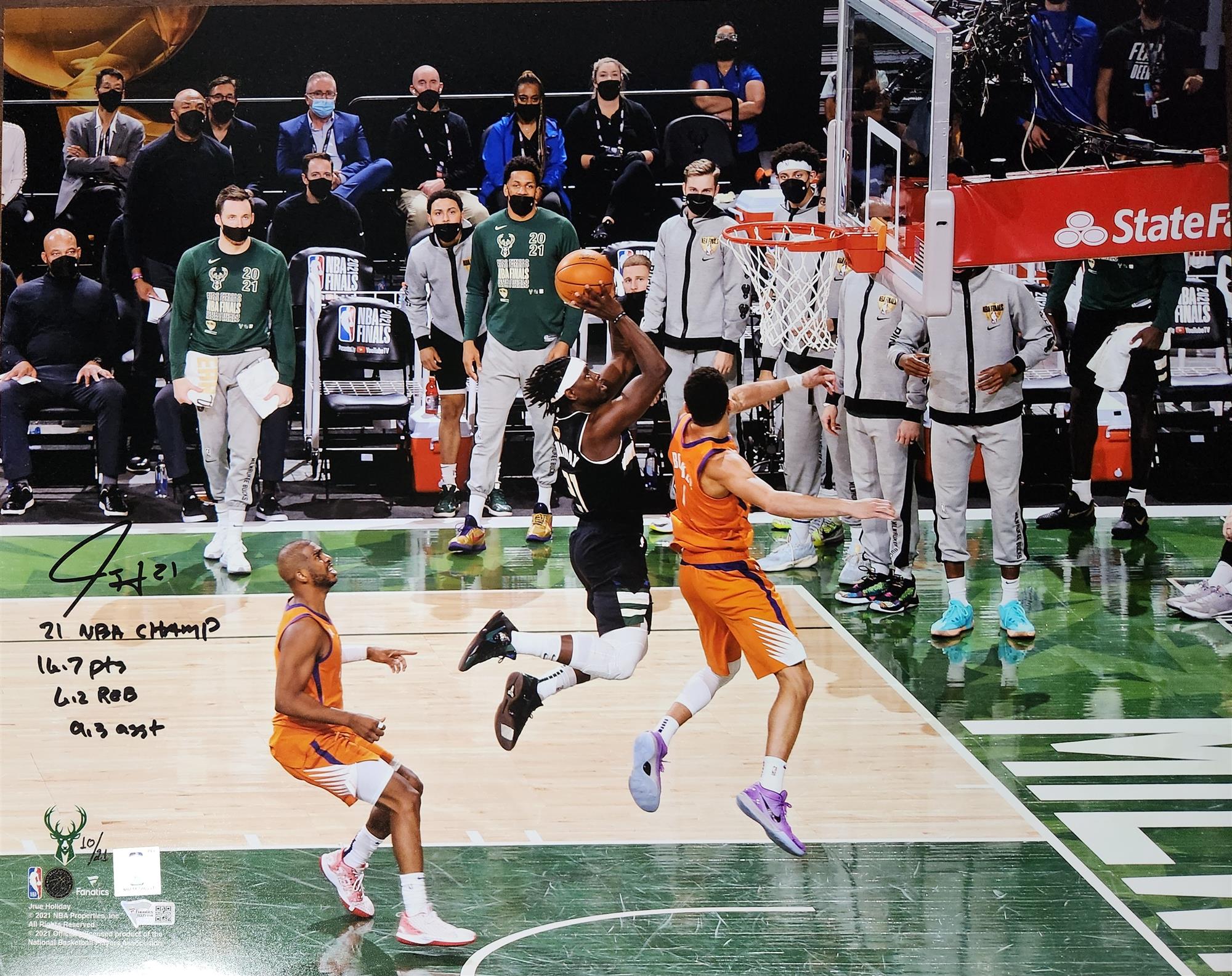 JRUE HOLIDAY SIGNED BUCKS 16X20 PHOTO W/ FINALS STATS - FAN