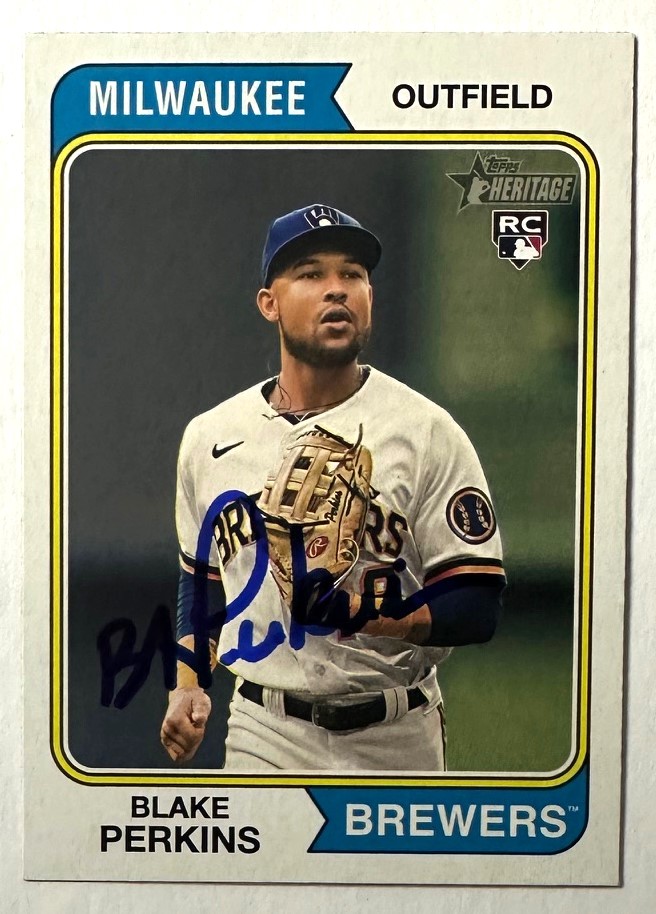 BLAKE PERKINS SIGNED 2023 TOPPS HERITAGE BREWERS ROOKIE CARD #522