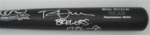 ROB DEER SIGNED BIG STICK NAME ENGRAVED BLACK BAT W/ 1986-90 BREWERS