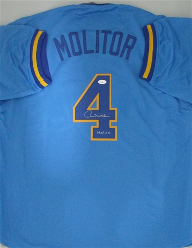 PAUL MOLITOR SIGNED CUSTOM REPLICA BREWERS BLUE JERSEY W/ HOF - JSA