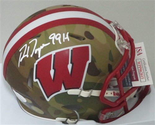 RON DAYNE SIGNED WISCONSIN BADGERS CAMO SPEED MINI HELMET W/ 99H - JSA