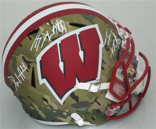 JJ WATT, TJ WATT & DEREK WATT TRIPLE SIGNED FULL SIZE WI BADGERS REPLICA CAMO SPEED HELMET - JSA