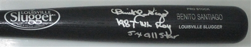 BENITO SANTIAGO SIGNED LOUISVILLE SLUGGER NAME ENGRAVED BLACK BAT W/ SCRIPTS - PADRES - JSA