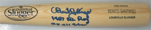 BENITO SANTIAGO SIGNED LOUISVILLE SLUGGER NAME ENGRAVED BLONDE BAT W/ SCRIPTS - PADRES - JSA