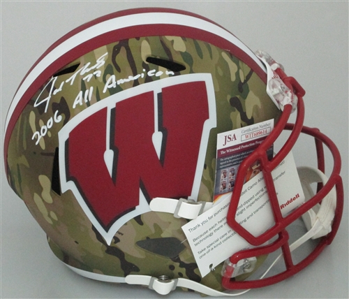 JOE THOMAS SIGNED FULL SIZE WI BADGERS REPLICA SPEED CAMO HELMET W/ SCRIPT - JSA