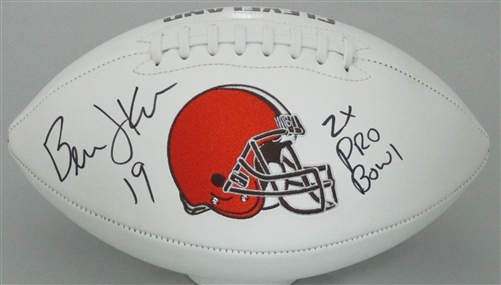 BERNIE KOSAR SIGNED WILSON CLEV BROWNS LOGO WHITE PANEL FOOTBALL W/ SCRIPT - JSA