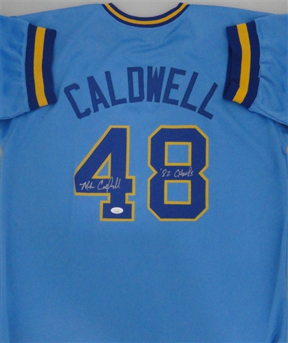 MIKE CALDWELL SIGNED CUSTOM REPLICA BREWERS BLUE JERSEY W/ 82 CHAMPS - JSA