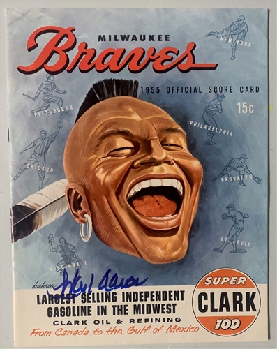 HANK AARON (d) SIGNED 1955 MILW BRAVES OFFICIAL SCORECARD PROGRAM MAGAZINE - JSA