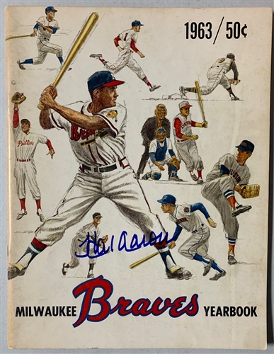 HANK AARON (d) SIGNED 1963 OFFICIAL MILWAUKEE BRAVES YEARBOOK PROGRAM MAGAZINE - JSA