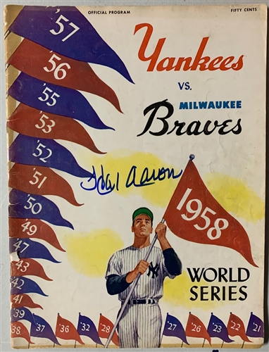 HANK AARON (d) SIGNED 1958 OFFICIAL YANKEE STADIUM WORLD SERIES PROGRAM MAGAZINE - BRAVES - JSA