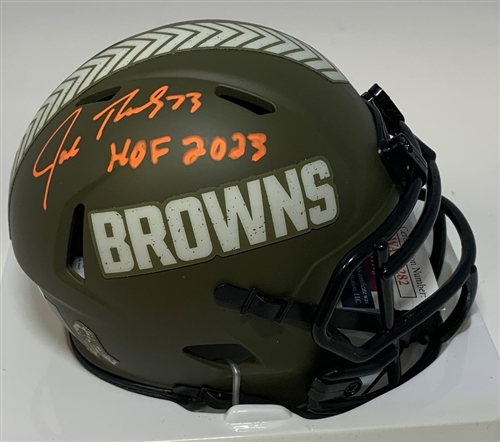 JOE THOMAS SIGNED RIDDELL BROWNS SALUTE TO SERVICE SPEED MINI HELMET W/ HOF '23- JSA