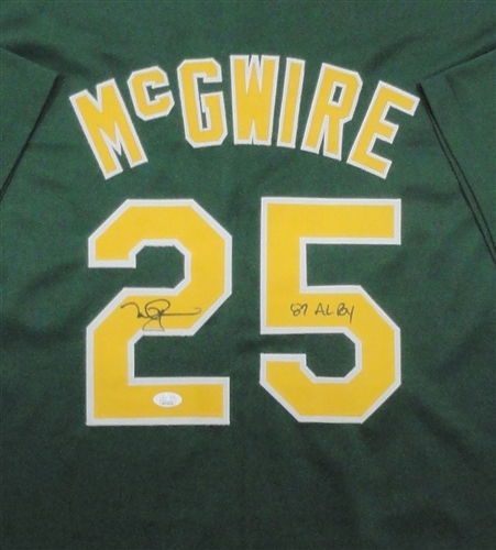 MARK MCGWIRE SIGNED CUSTOM REPLICA ATHLETICS JERSEY W/ '87 AL ROY - JSA