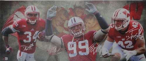 JJ WATT, TJ WATT & DEREK WATT TRIPLE SIGNED 13X31 STRETCHED CUSTOM WI BADGERS CANVAS COLLAGE - BAS