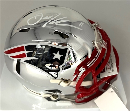 JULIAN EDELMAN SIGNED PATRIOTS CHROME SPEED MINI HELMET - JSA