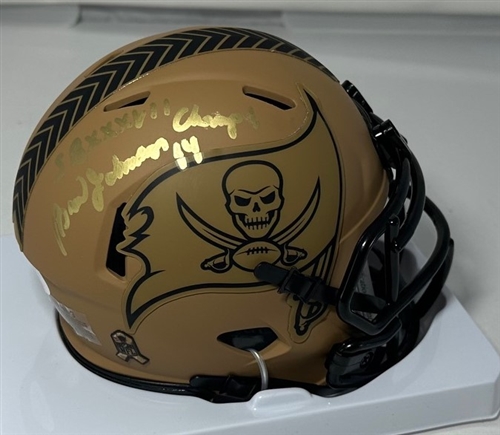 BRAD JOHNSON SIGNED BUCCANEERS SALUTE SPEED MINI HELMET W/ SCRIPT - JSA