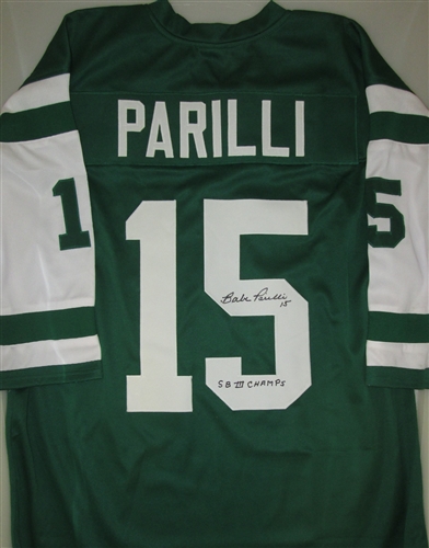 BABE PARILLI SIGNED CUSTOM JETS JERSEY W/ SB III CHAMPS