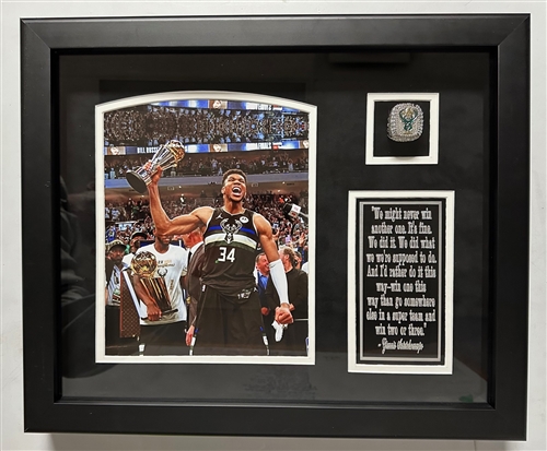 GIANNIS ANTETOKOUMPO FRAMED CHAMPIONSHIP RING W/ PHOTO & QUOTE