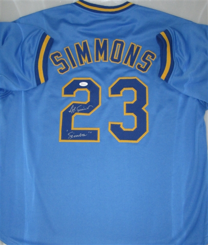 TED SIMMONS SIGNED CUSTOM BREWERS BLUE JERSEY W/ SIMBA - JSA