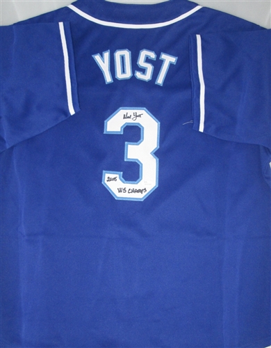 NED YOST SIGNED CUSTOM ROYALS BLUE JERSEY W/ WS CHAMPS - JSA