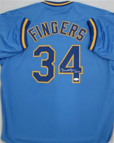 ROLLIE FINGERS SIGNED CUSTOM BREWERS BLUE JERSEY W/ HOF '92 - JSA