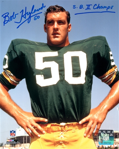 BOB HYLAND SIGNED 8X10 PACKERS PHOTO #2 W/ SB II CHAMPS