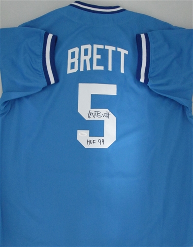 GEORGE BRETT SIGNED CUSTOM ROYALS BLUE JERSEY W/ HOF - JSA